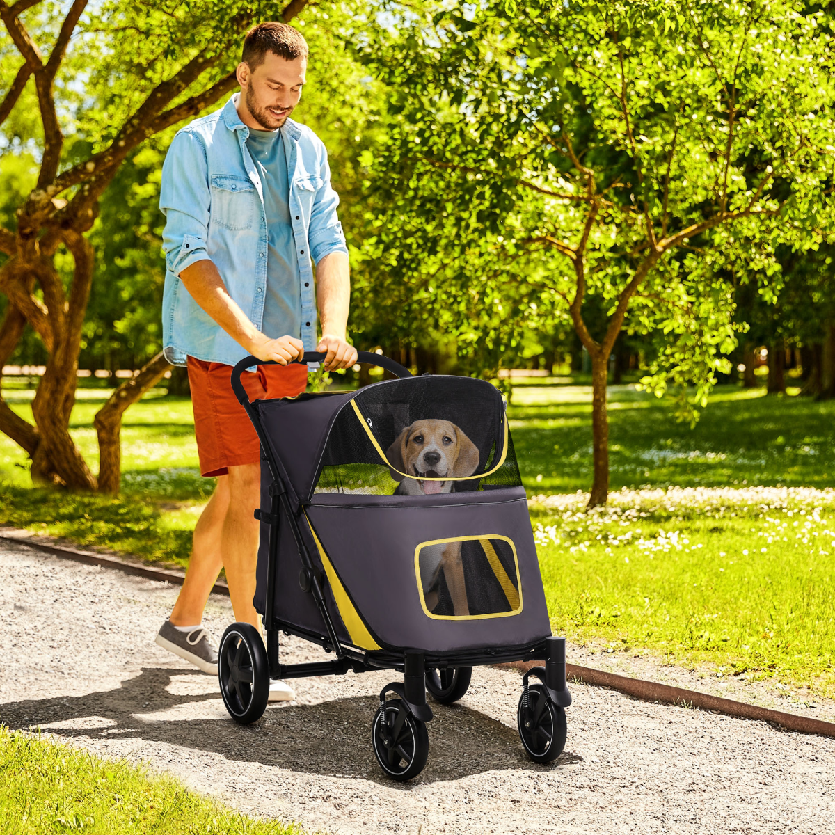 PawHut Foldable Dog Carriage w/ Universal Wheels, Shock Absorber - Grey
