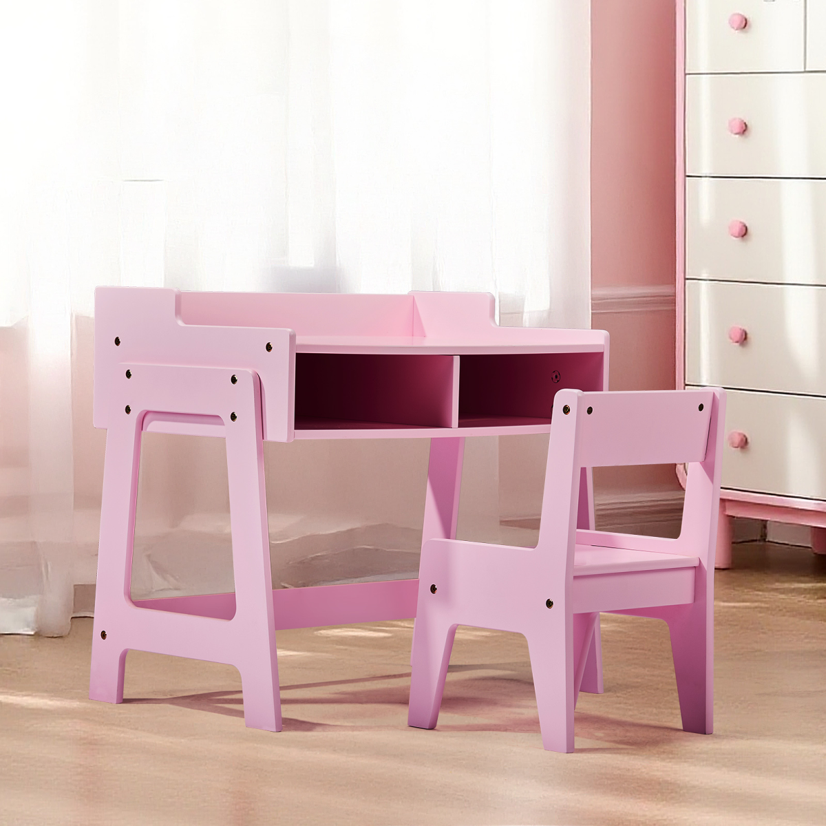 Kids Study Desk and Chair Set with Storage, Pink MDF, 60.5*41.5*50cm