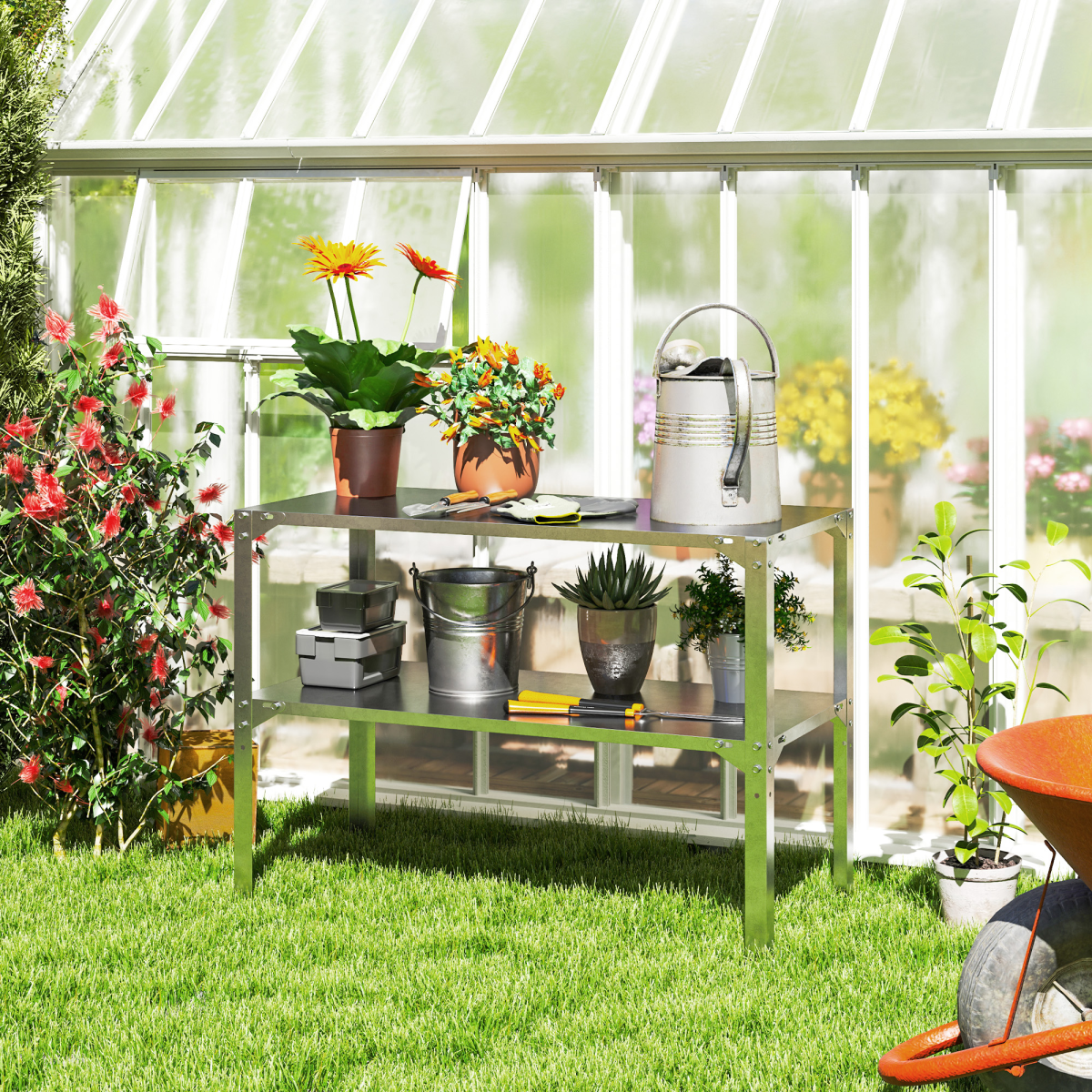 Outsunny 2 Tier Potting Bench Table, Galvanised Work Bench, Silver Tone