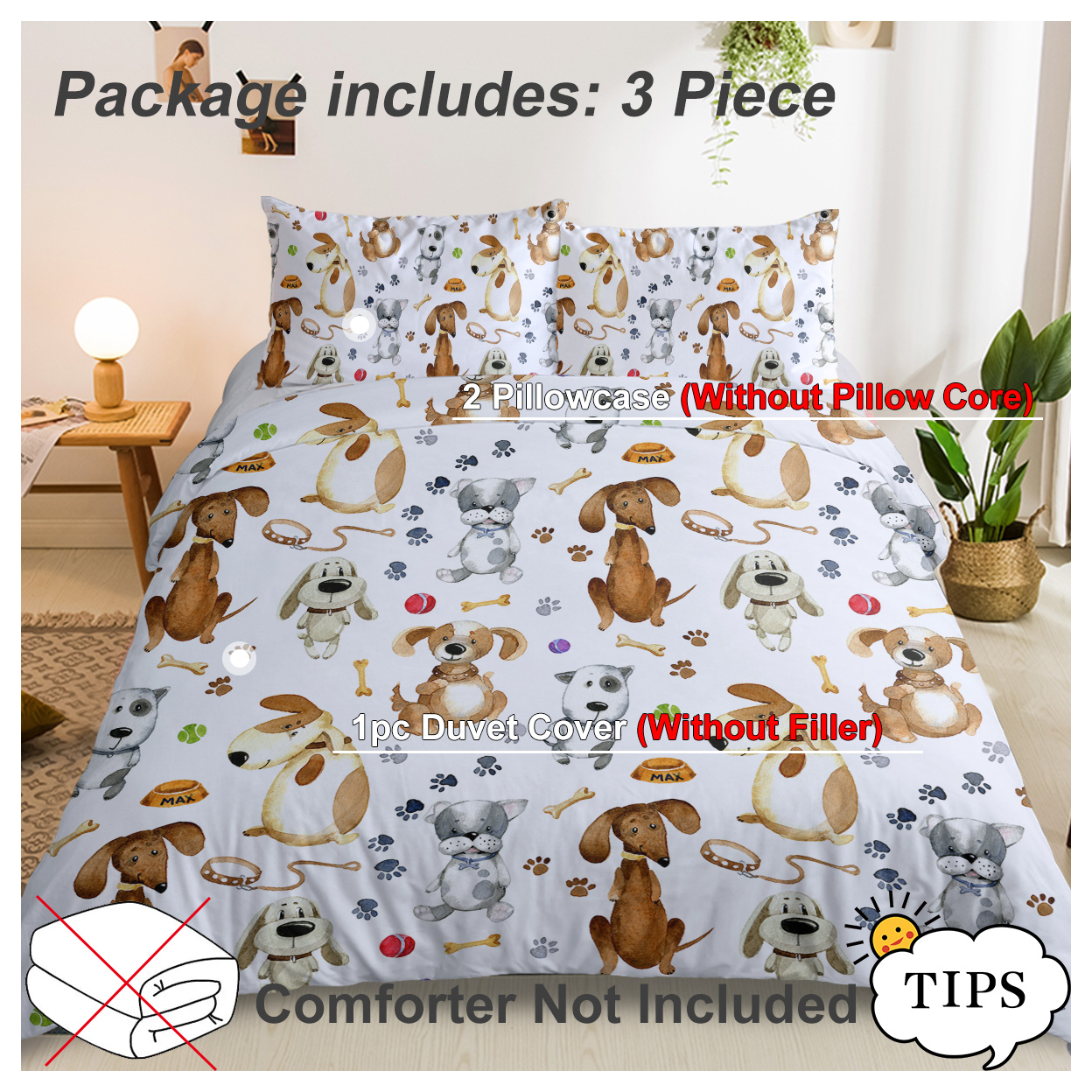 Kids' Duvet Cover Sets Animals Pastel Duvet Covers Cartoon Dogs Paws Pattern Bed Sets 3 Pieces 1 Duvet Cover and 2 Pillow Cases Cute Puppy Dogs Bedding for Kids (Single)