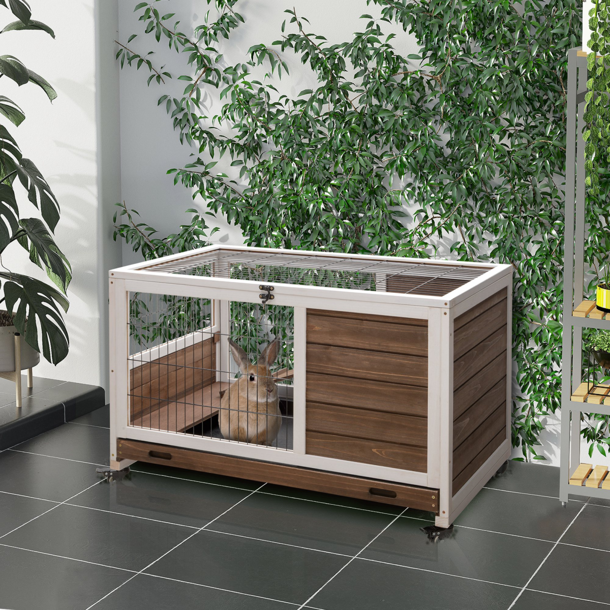 PawHut Wood Indoor Rabbit Hutch Elevated 2-Floor Guineas Pigs Cage w/ Wheels and with openable Roof