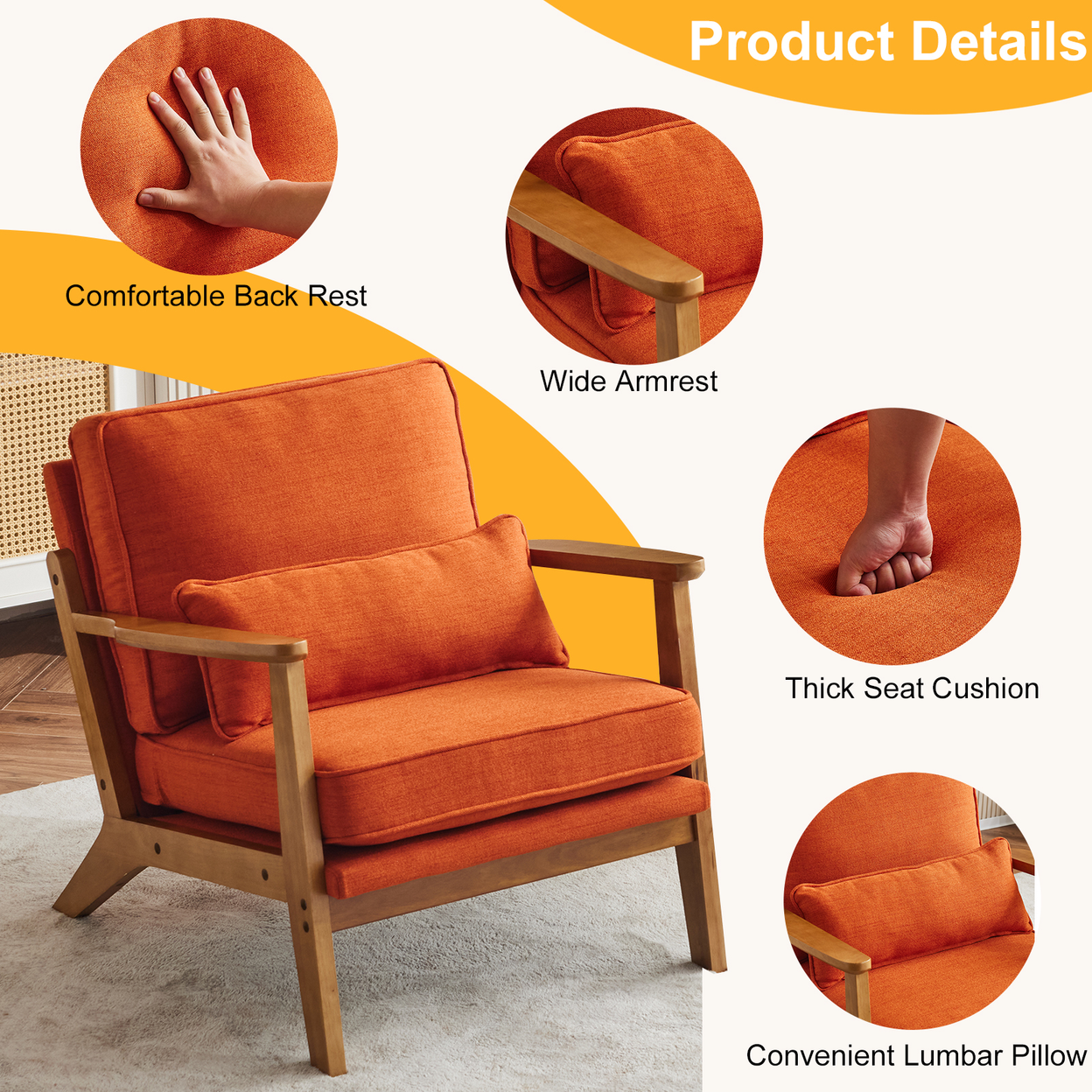 Mid-Century Modern Accent Chair with Wooden Frame - Oak Armrest, Linen-Cotton Burnt Orange Upholstery, Single Seater Lounge Chair for Living Room (Weight Capacity 330LBS)