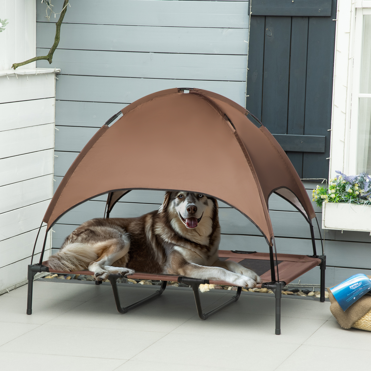 122 cm Elevated Pet Bed Dog Cot Tent with Canopy Instant Shelter Outdoor Coffee