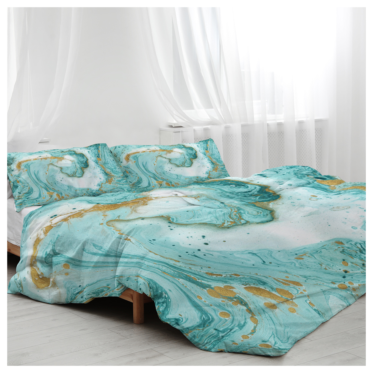 Chic Girly Marble Duvet Cover Mint Gold Glitter Turquoise Bedding Comforter Set Abstract Aqua Teel Blue Duvet Cover(Single)