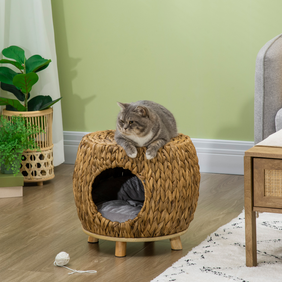 Rattan Cat House Stool, Wicker Kitten Bed for Outdoors and Indoors w/ Cushion