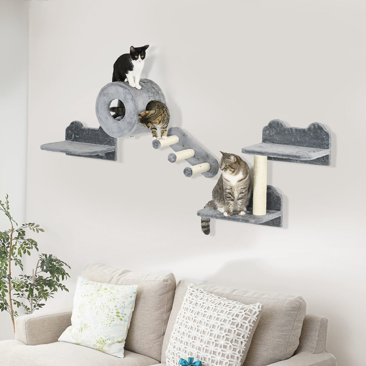 Four-Piece Wall-Mounted Cat Tree with Platforms, Steps, Perch, Cat House - Grey