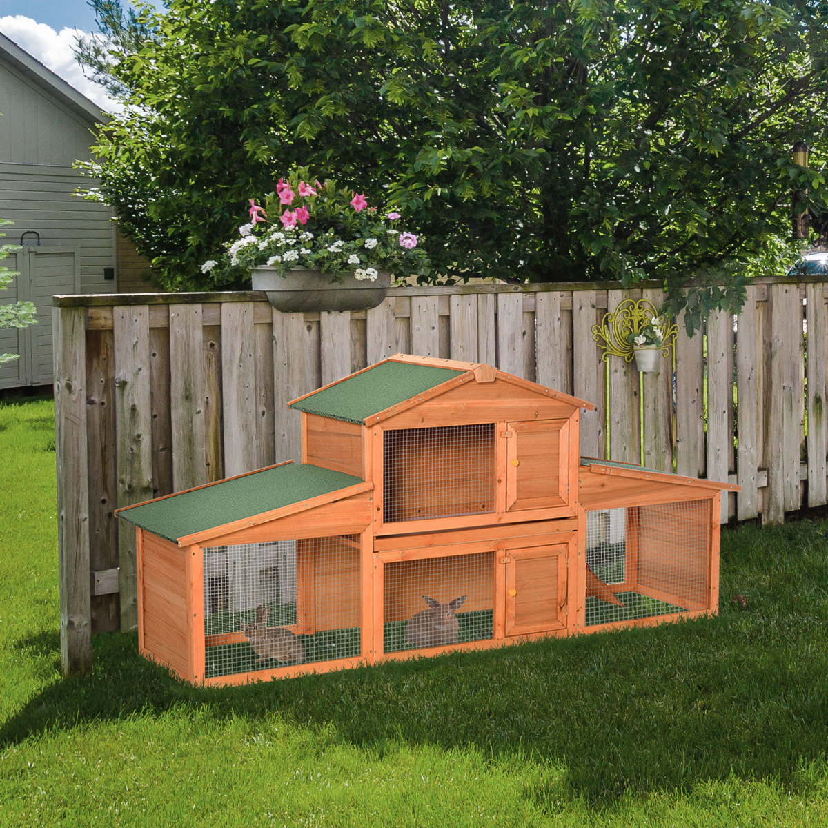 Deluxe Fir Wood Rabbit Hutch 2-Tier Metal Guinea Pig Small Animal House Pawhut