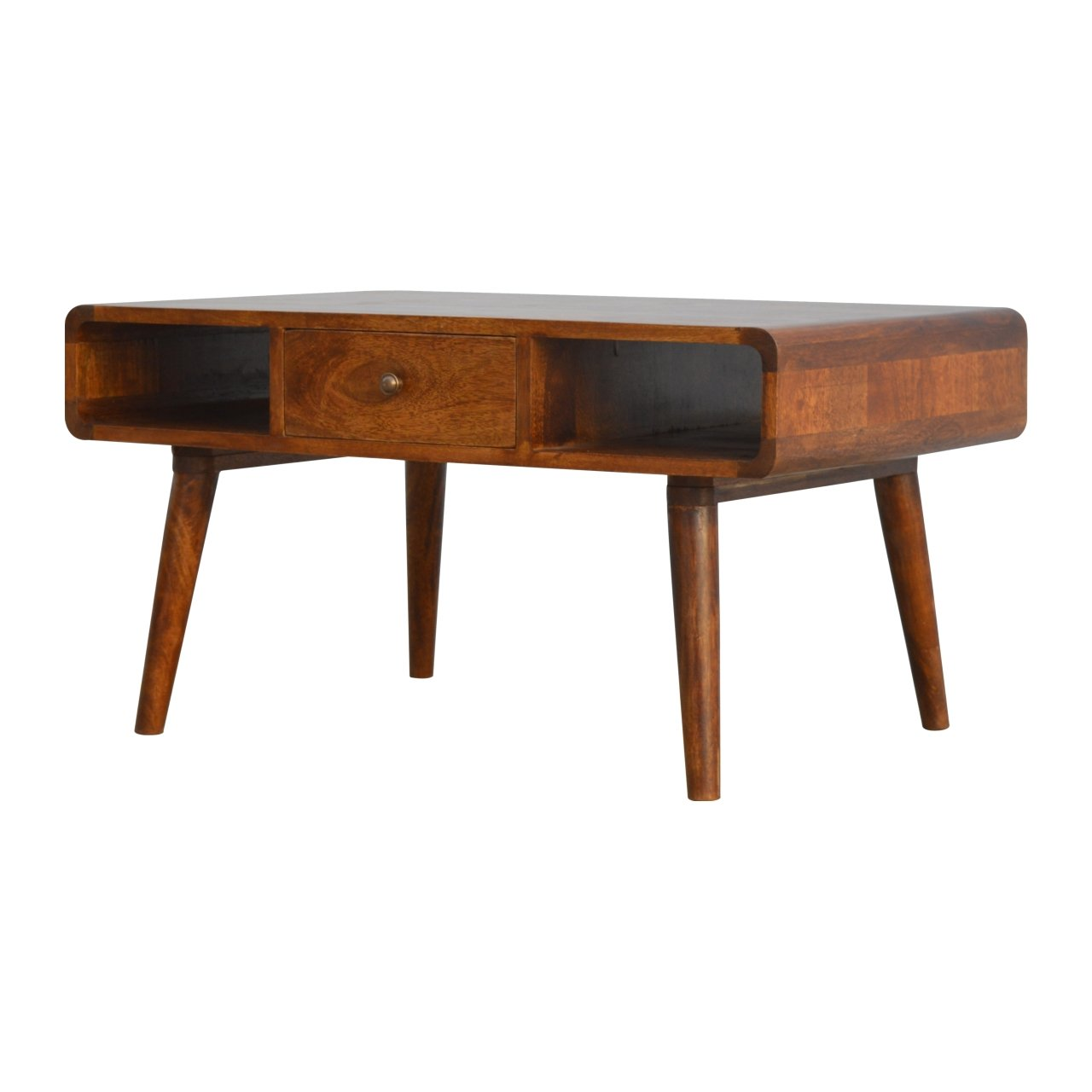 Artisan Furniture Solid Wood Curved Chestnut Coffee Table, 2 Drawers, 2 Open Slots, Dark Brown