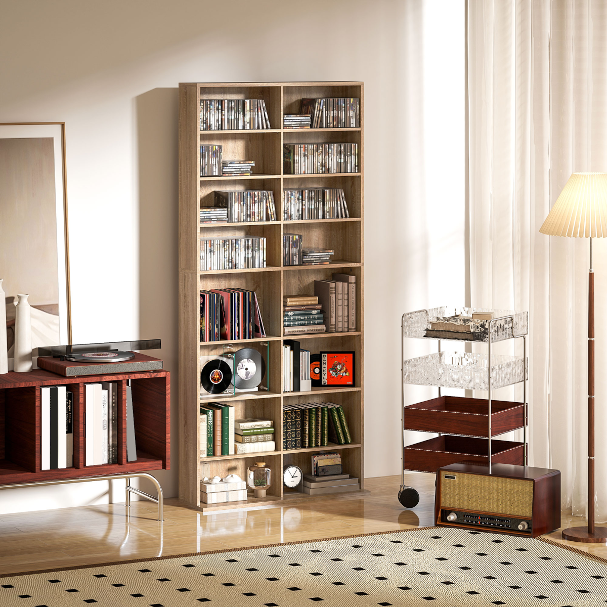 HOMCOM 640 CD Storage Unit 360 DVD Storage Tower w/ 18 Compartments Natural