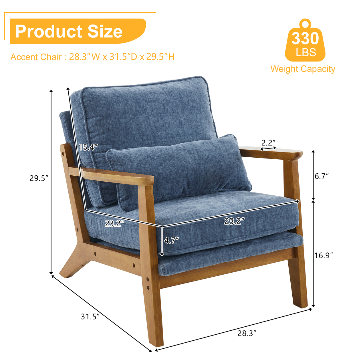 Mid-Century Oak Accent Chair - Deep Navy Blue Chenille Upholstered Single Lounge Chair, Sturdy Wood Frame Indoor Armchair (330LBS Weight Capacity)