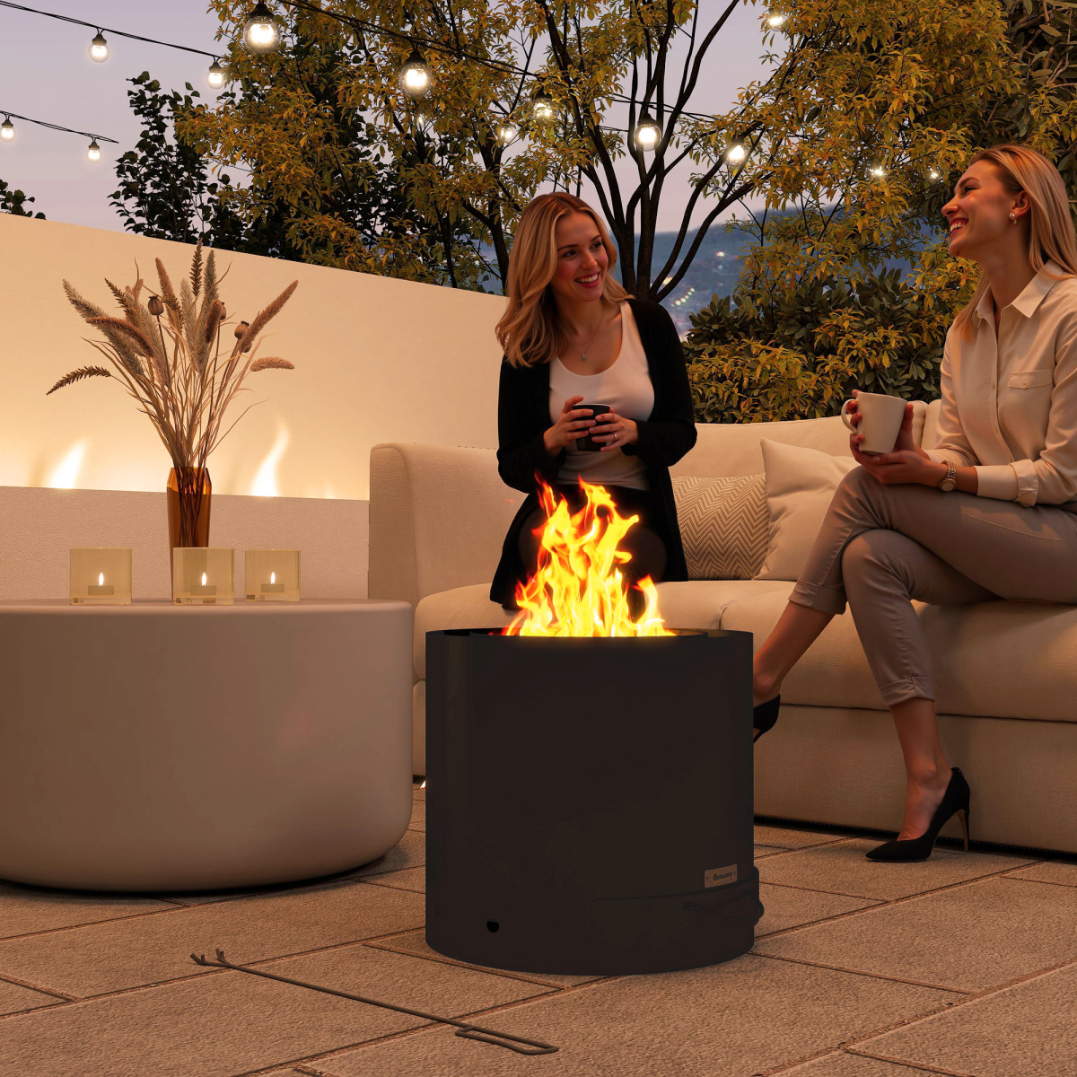 Outsunny Outdoor Round Fire Pit with Ash Tray and Fire Poker, Black