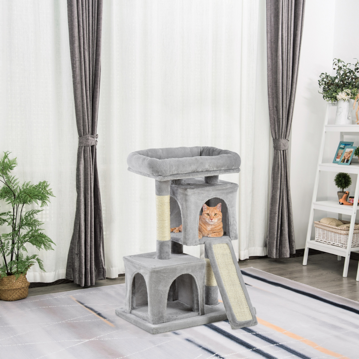 Cat Rest & Play Activity Tree w/ 2 House Cushion Perch Scratching Post Grey