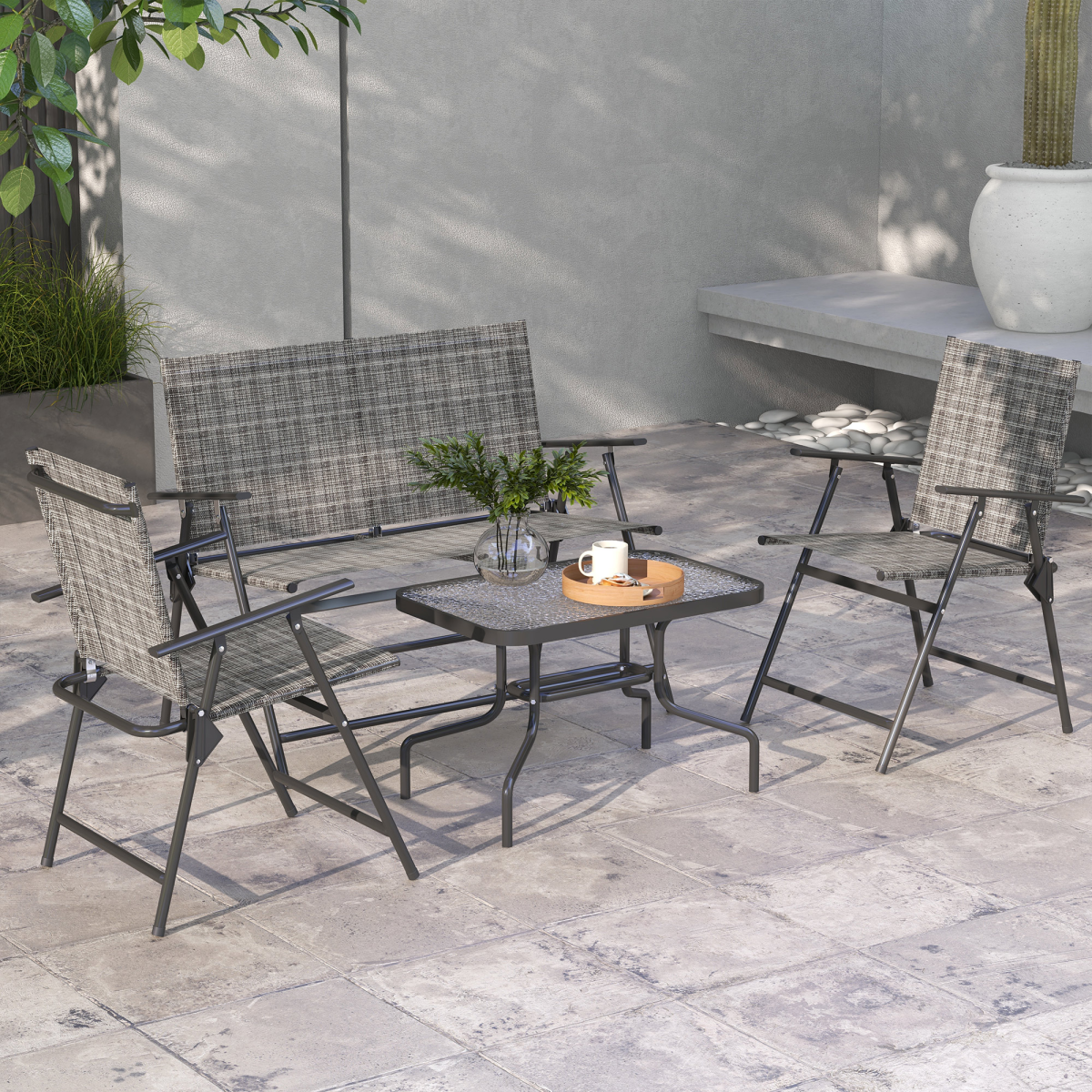 Outsunny Patio Furniture Set, Garden Set with Table, Foldable Chairs, a Loveseat