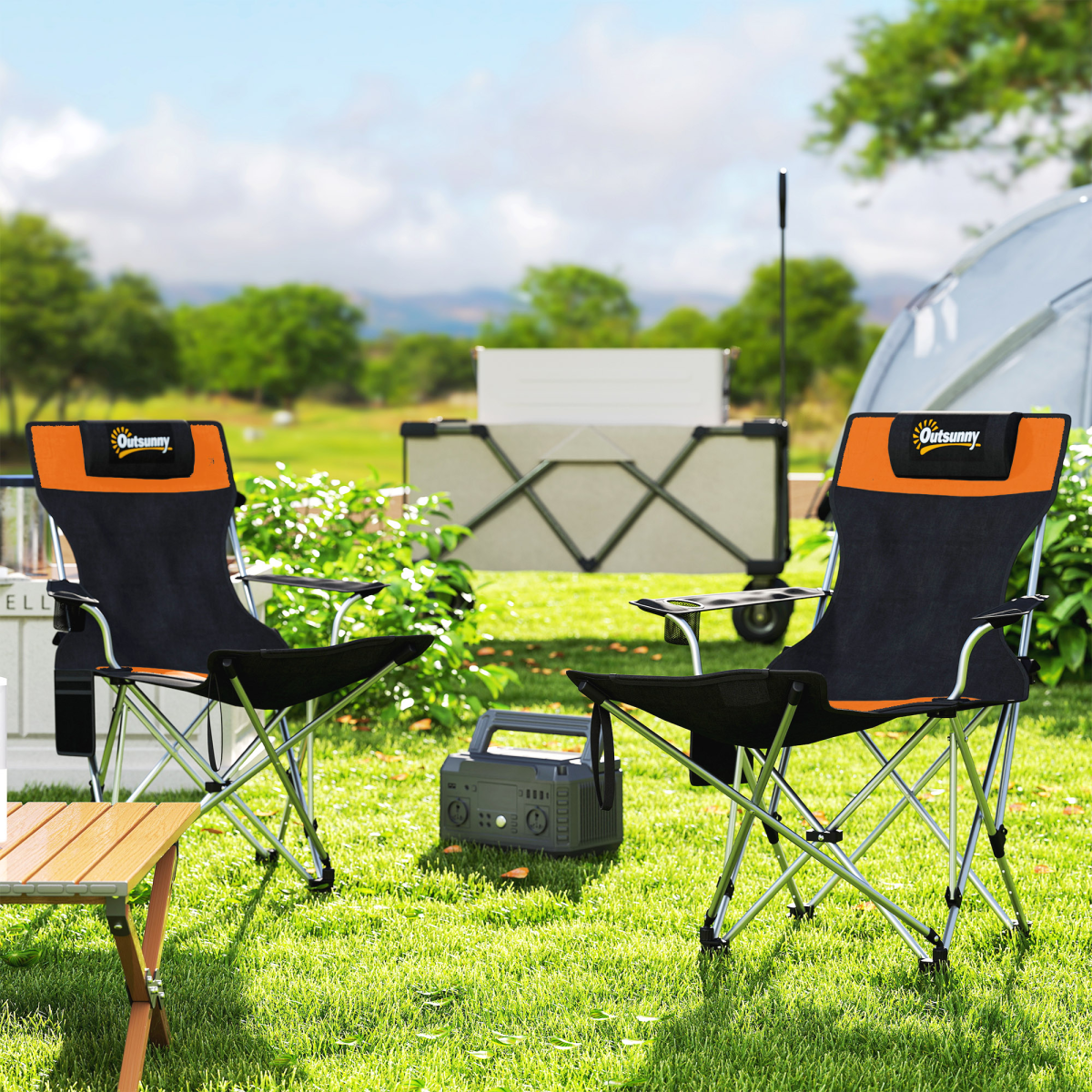 Outsunny Set of 2 Reclining Camping Chairs, Orange and Black