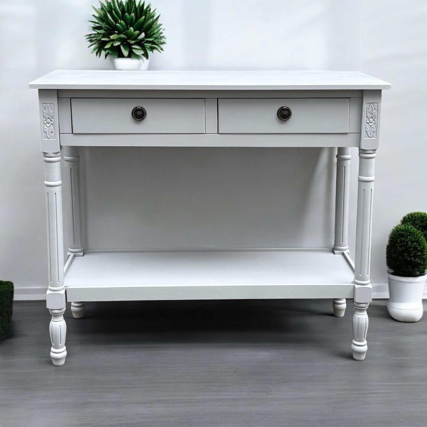 Modern and Stylish 2 Drawer Rectangular Console Table - Medium Wood Tone Finish for Sleek Hallway Side Table with Knob Handle Drawers for Home, Office, Bedrooms, or Living Spaces (Moonstruck Grey)