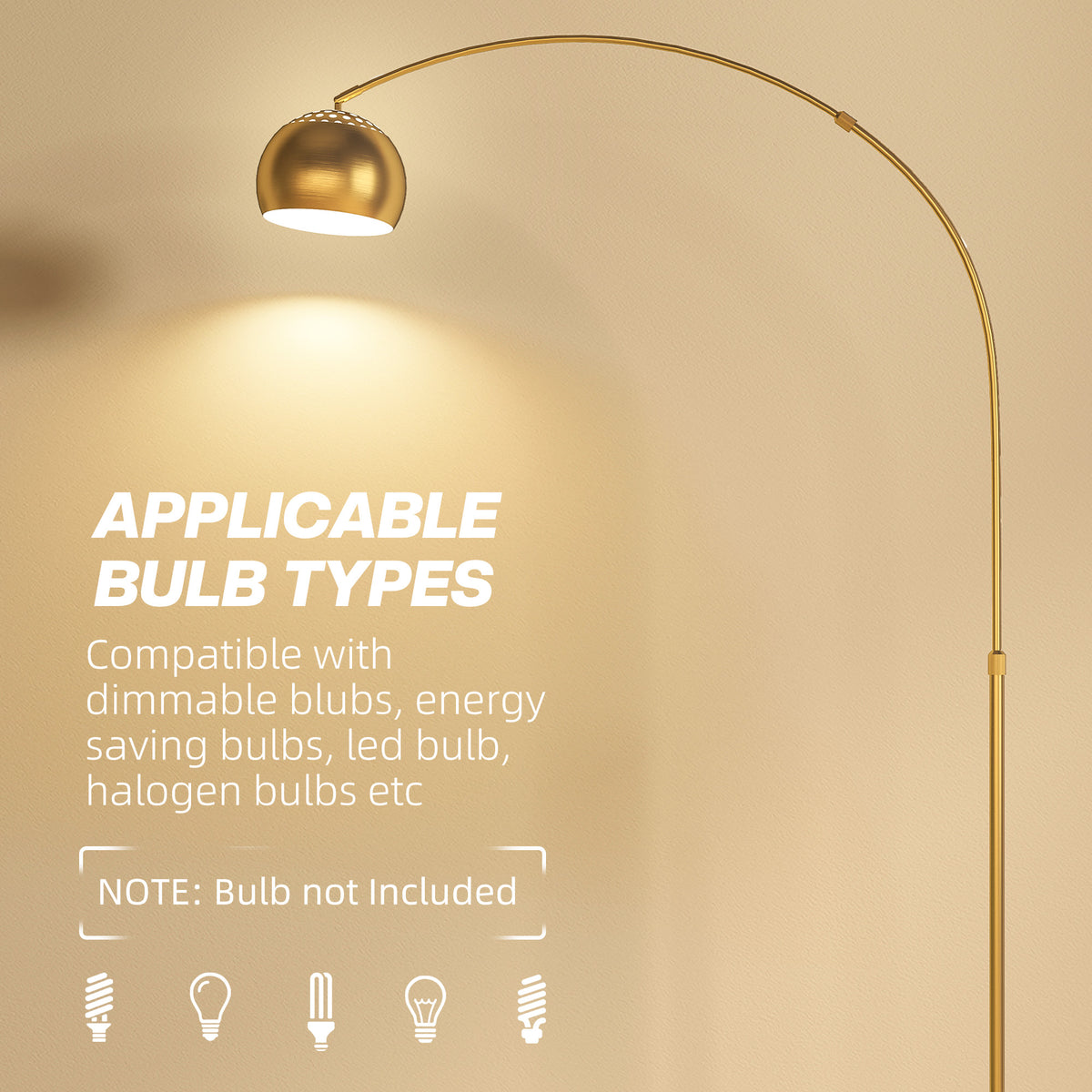 HOMCOM 167cm Arc Floor Lamp for Living Room, Modern Adjustable Standing Lamp with Foot Switch, Faux Black Marble Base and Bell Shade for Home Offices, Bedrooms, Gold Tone