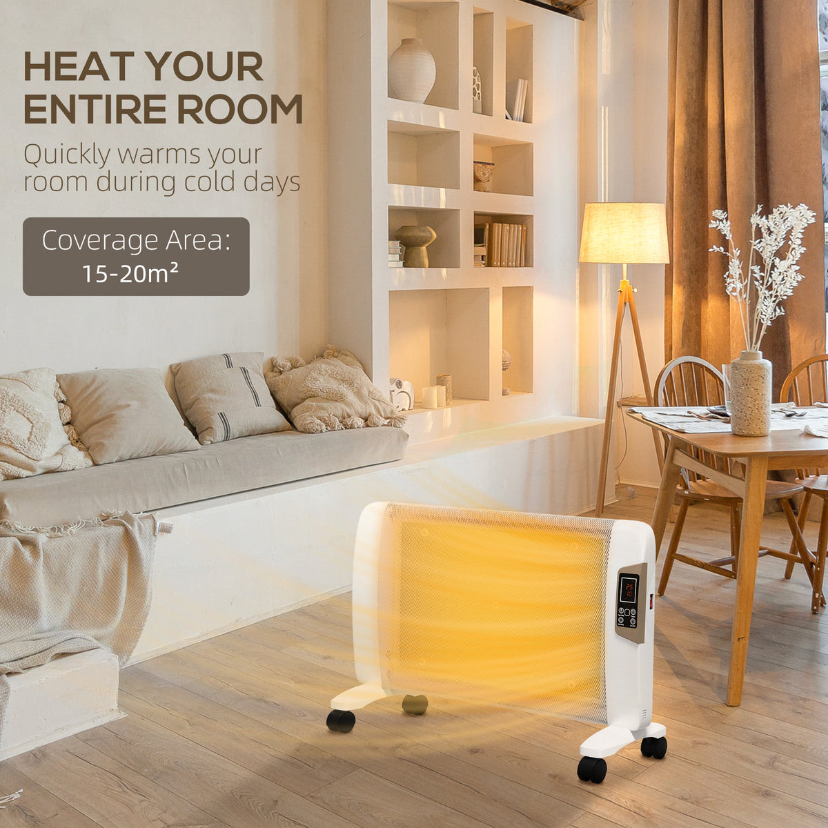 HOMCOM Mica Electric Space Heater, Portable Heater for Home with 2 Heat Settings, Living Room, Study, Garage, Adjustable Temperature 18-30°C, 1000W/2000W, White