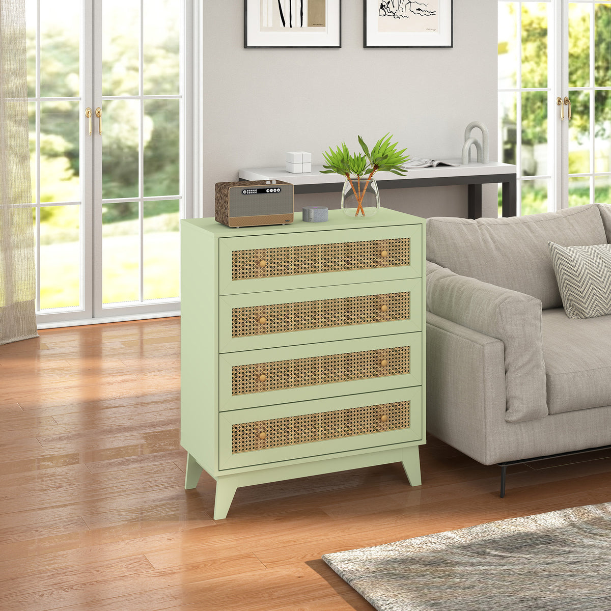 HOMCOM Rattan Chest of Drawers, 4 Drawer Storage Unit with Tapered Legs, Bedroom Storage Organiser Dresser for Bedside, Entryway, Hallway, Living Room, Light Green