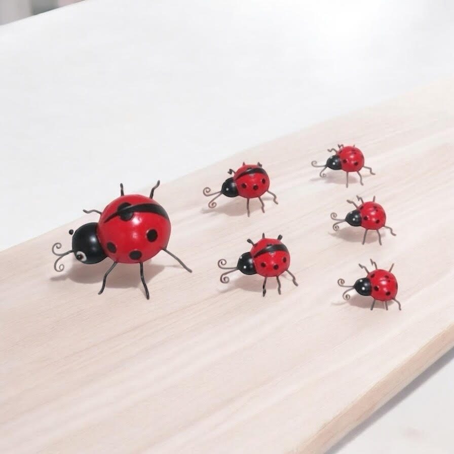 AcaciaHome Durable & Stylish Metal Ladybird Garden Decor Set of 6, Durable Weatherproof Hanging Wall Art, Rust-Resistant Glossy Red Ladybird Sculptures for Fence, Porch, Balcony & Patio