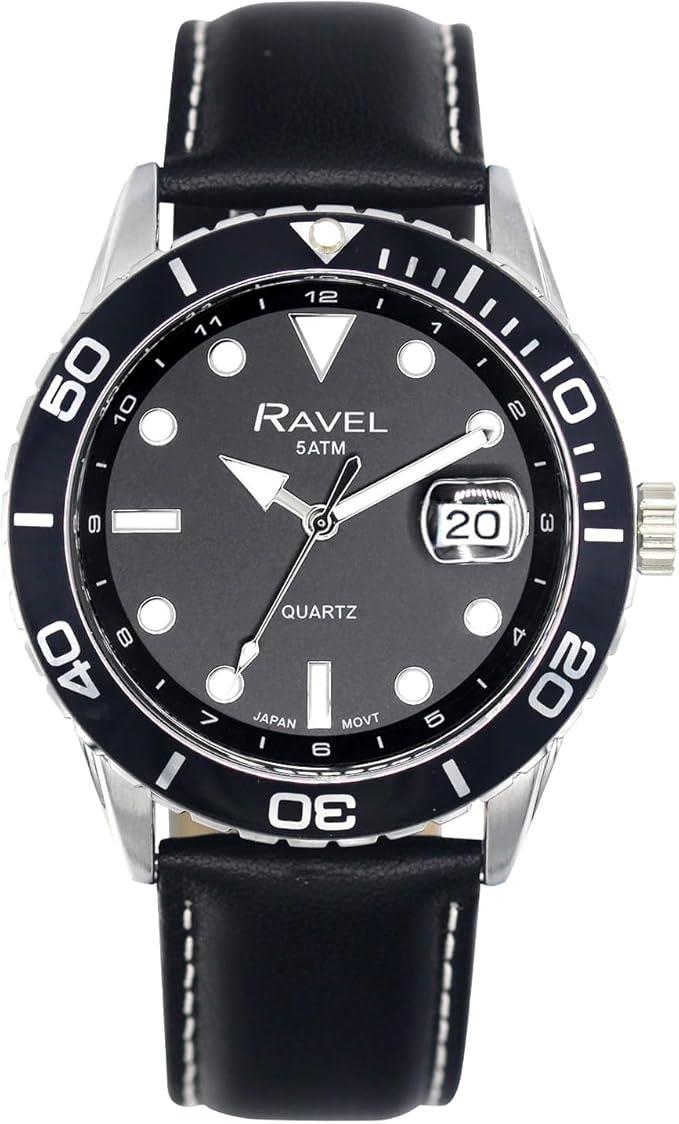 Ravel Mens Fashion Sports 42mm Round 5ATM Dated Dial Rotating Uni-Directional Bezel Black Leather Strap Watch RPD-M
