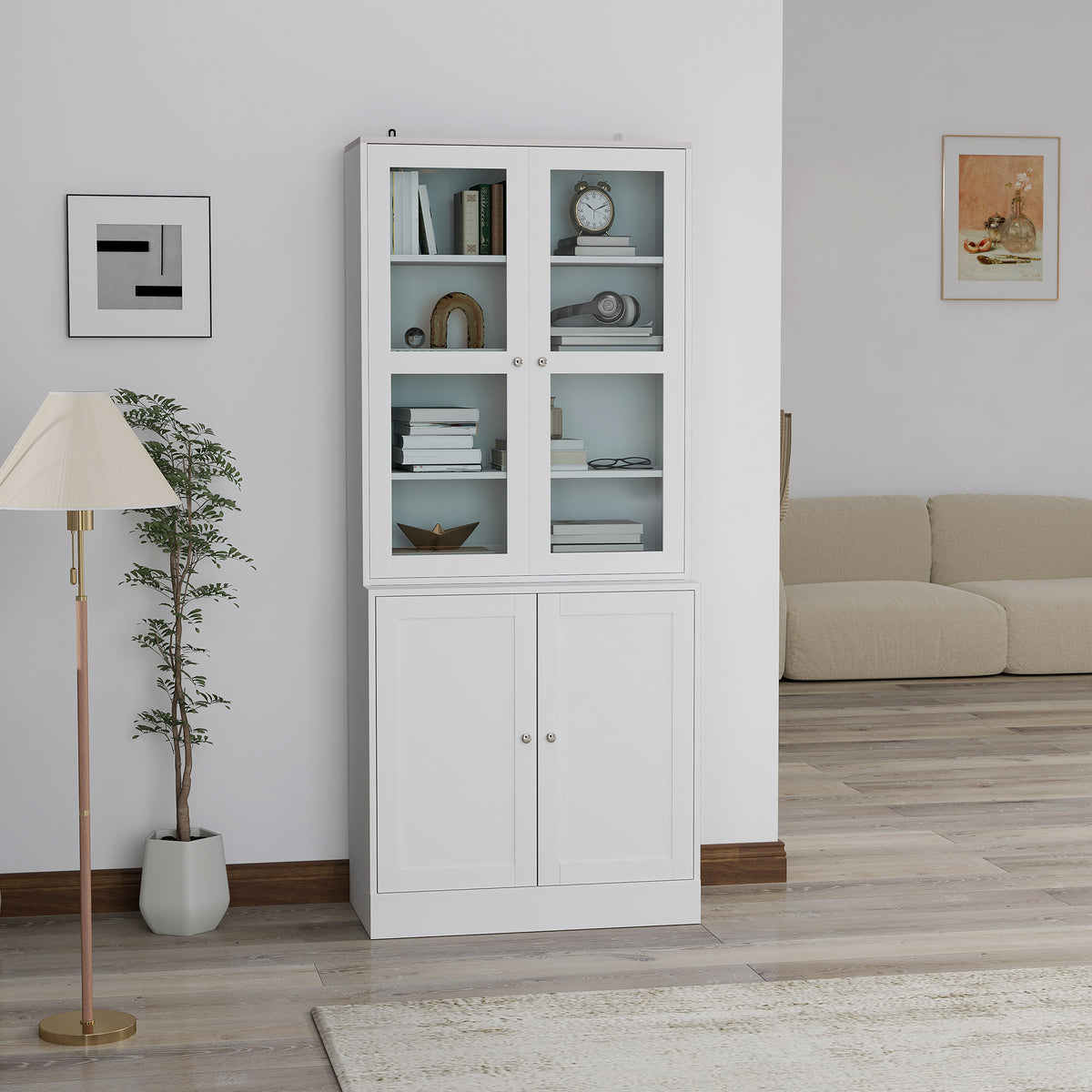HOMCOM Double Storage Display Cabinet with Adjustable Shelves, MDF - White