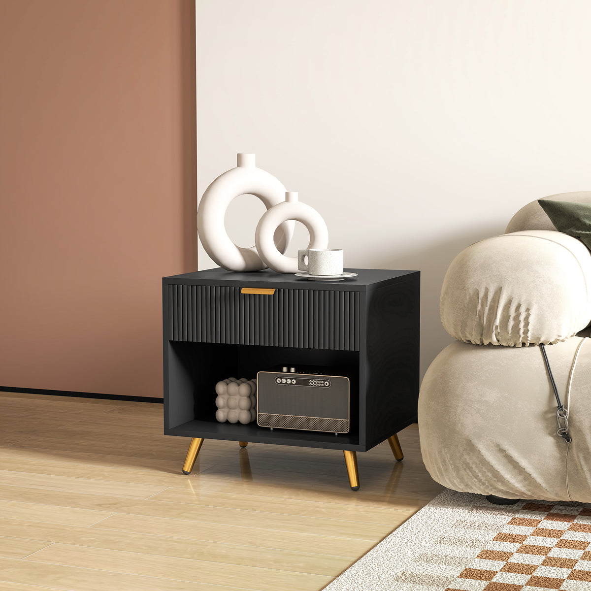 HOMCOM Elegant Bedside Table, with Drawer and Shelf - Black/Gold Tone
