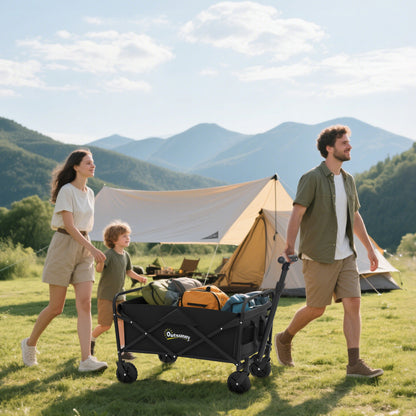 Outsunny 93L Festival Trolley on Wheels, Garden Folding Trolley Cart, 100kg Heavy Duty Collapsible Folding Wagon with Adjustable Handle and Carrying Bag for Beach, Camping, Festival, Black