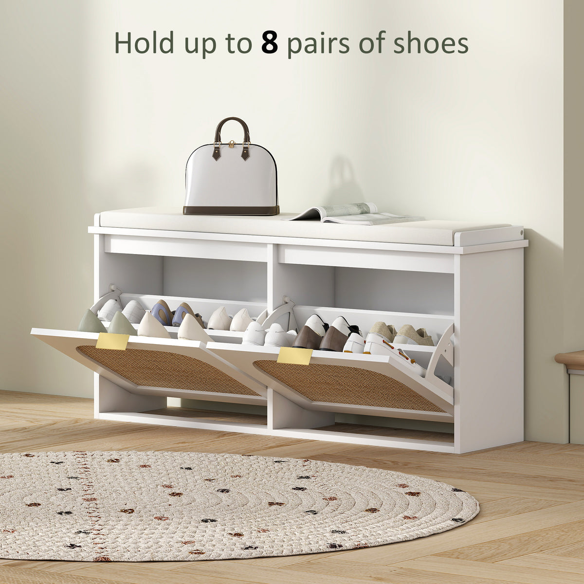 HOMCOM Boho Shoe Bench with Padded Seat and 2 Flip-Drawers - White