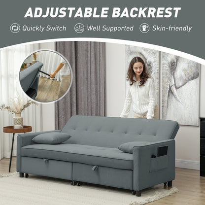 HOMCOM Three-Person Velvet-Feel Sofa Bed - Grey
