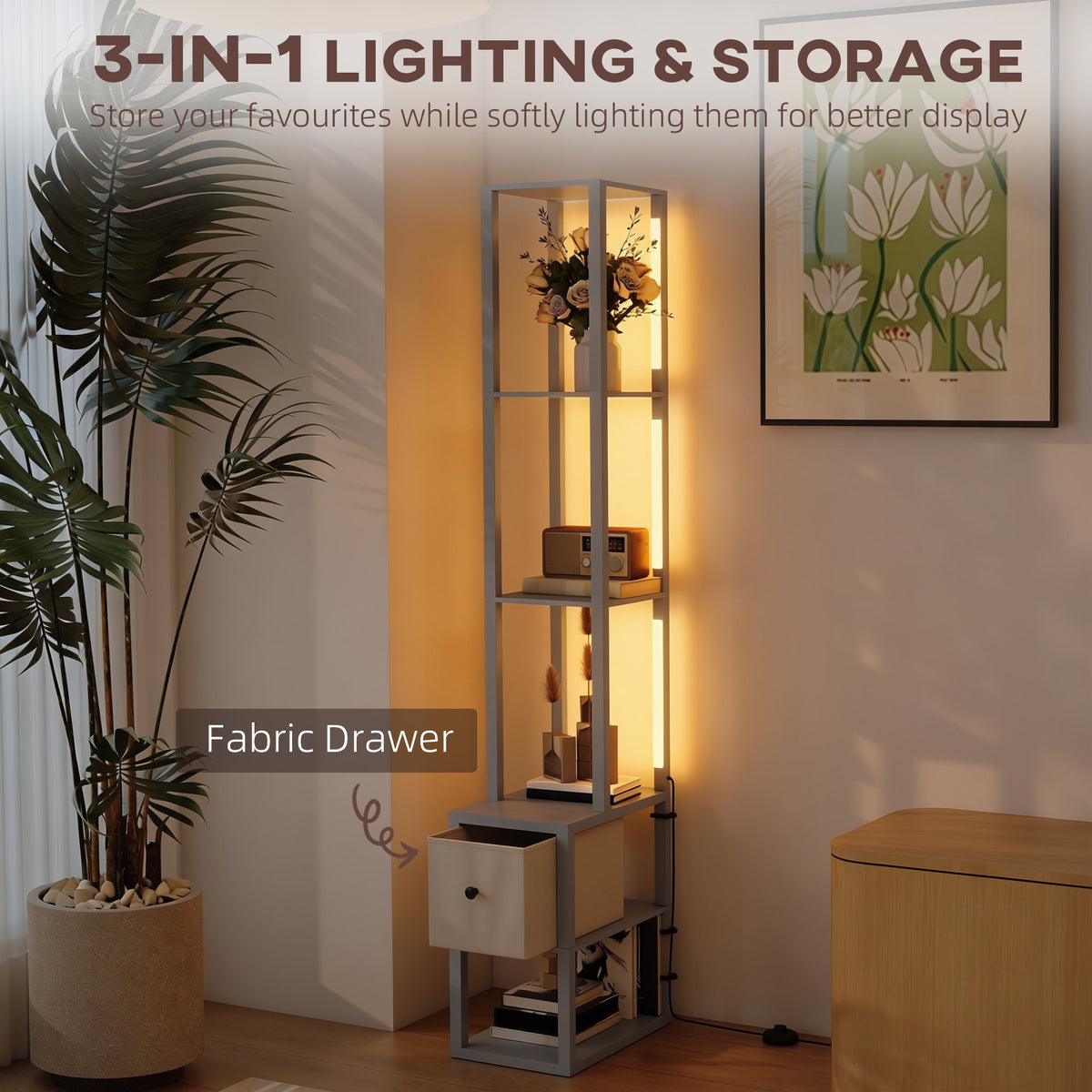 HOMCOM Floor Lamp with Shelves, LED Column Modern Standing Lamp with Fabric Drawer, Adjustable Brightness, Foot Switch for Living Room, Bedroom, Office, Grey