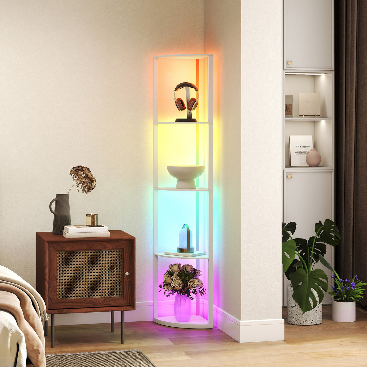HOMCOM RGB LED Floor Lamp with Shelves, 4-Tier Dimmable Standing Lamp with Adjustable Brightness and Remote Control, Modern Corner Display Shelf Unit for Living Room Bedroom Office, White