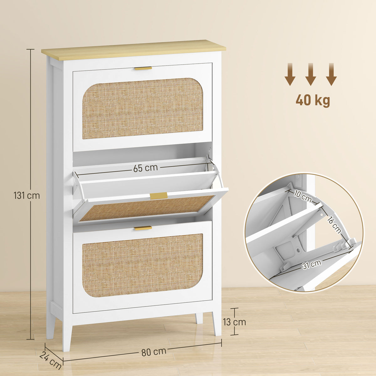 HOMCOM Narrow Shoe Cabinet, Boho Slim Shoe Storage Cabinet with 3 Flip Drawers, Holds 21 Pairs, White