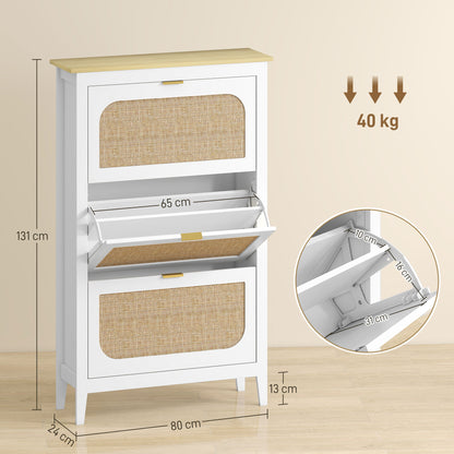 HOMCOM Narrow Shoe Cabinet, Boho Slim Shoe Storage Cabinet with 3 Flip Drawers, Holds 21 Pairs, White
