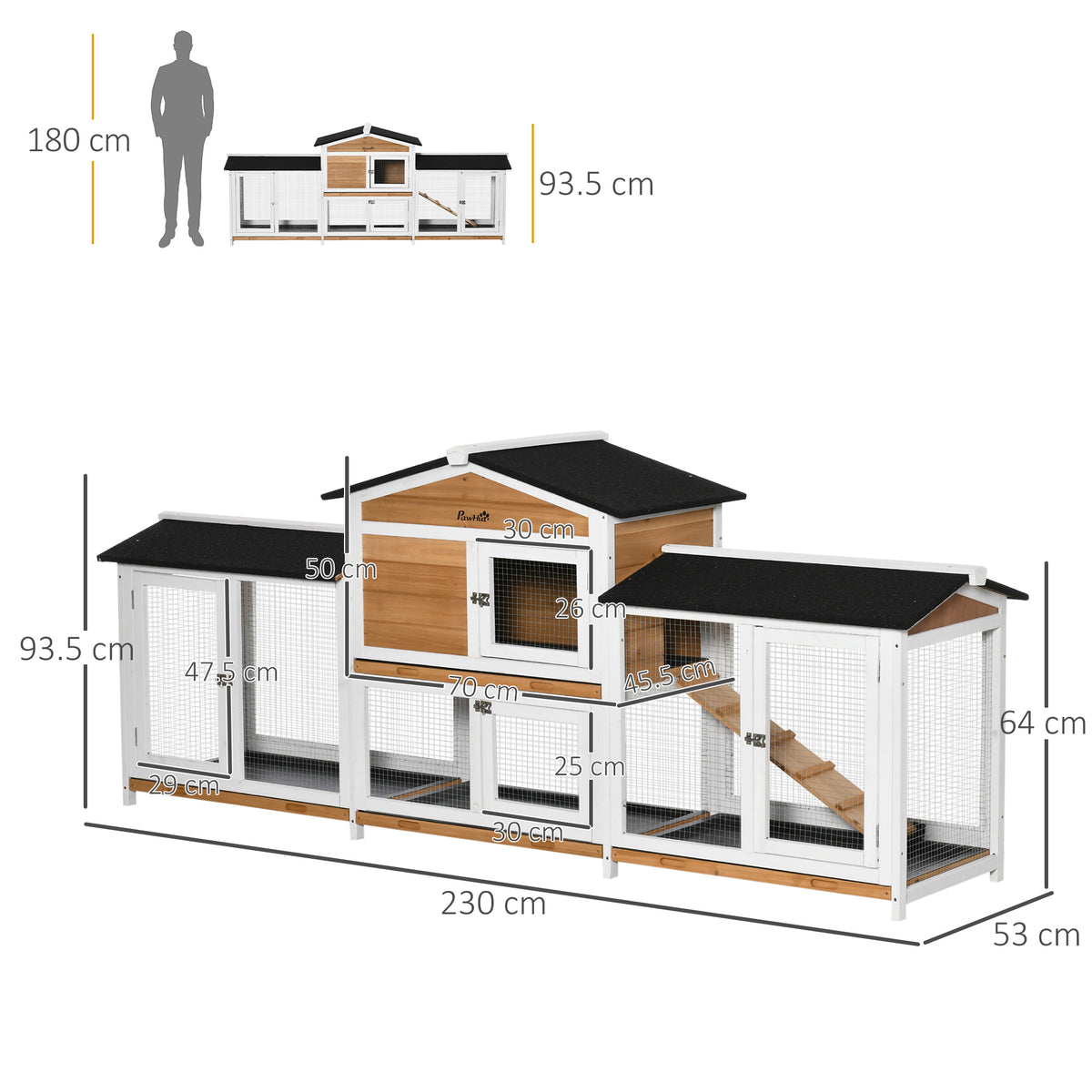 PawHut 2-Tier Large Rabbit Hutch Outdoor with Double Side Run Boxes, No-leak Plastic Tray, Ramp, 230 x 53 x 93.5cm, White
