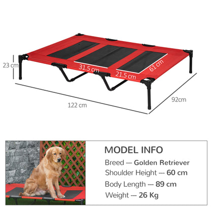 PawHut Raised Dog Bed Cooling Metal Elevated Pet Cot with Breathable Mesh, Non-slip, Lightweight & Portable, for Indoor Camping Beach Travel Outdoor Use, Red, XX Large, 122 x 92 x 23cm