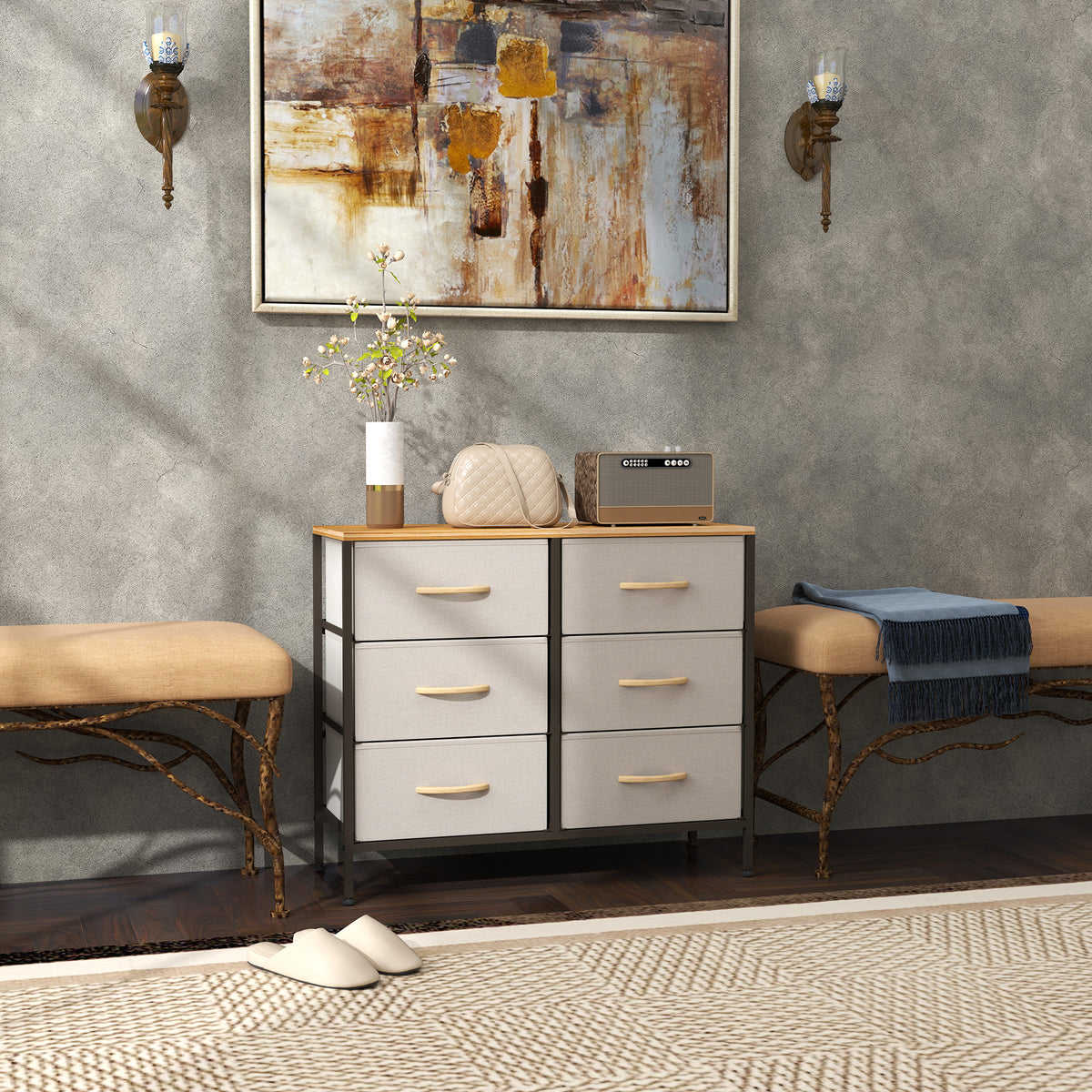 HOMCOM Fabric Chest of Drawers, Industrial Bedroom Dresser with 6 Fabric Drawers, Steel Frame and Wooden Top for Nursery, Living Room, Hallway, Cream White