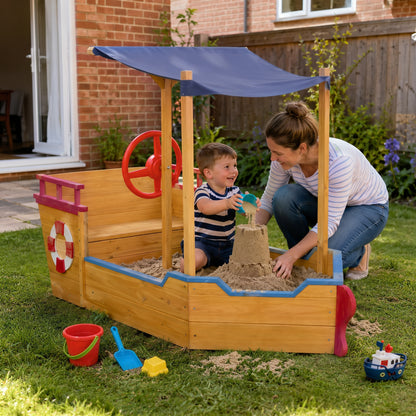 Outsunny Sand Pit, Kids Wooden Sandbox Pirate Ship, Sandboat Play Station with Canopy Shade, Storage Bench and Bottom Liner for Outdoor Garden