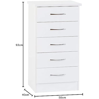 Seconique Nevada 5 Drawer Narrow Chest in White Gloss