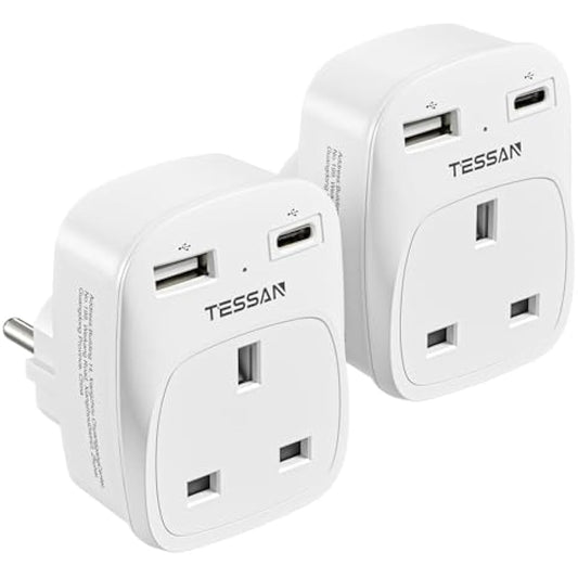 UK to European Plug Adapter 2 Pack, Schuko Grounded Euro EU Plug Adapter with 2 USB Ports (1 USB C), for Most of Europe Spain Germany France Iceland Poland Russia and More (Type E F) White