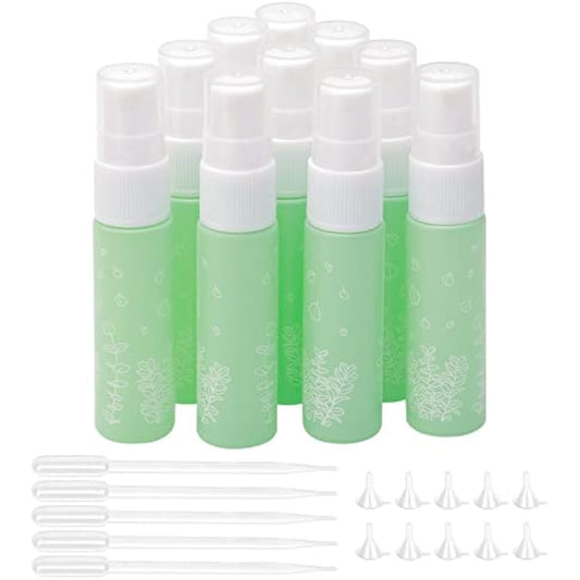 Unxuey 10 pcs 10 ml Green Perfumes Spray Bottles, Glass Empty Dispenser Atomizer Travel Size Refillable Sample Container for Various Water-based Liquids with 10 Funnels+5 Droppers