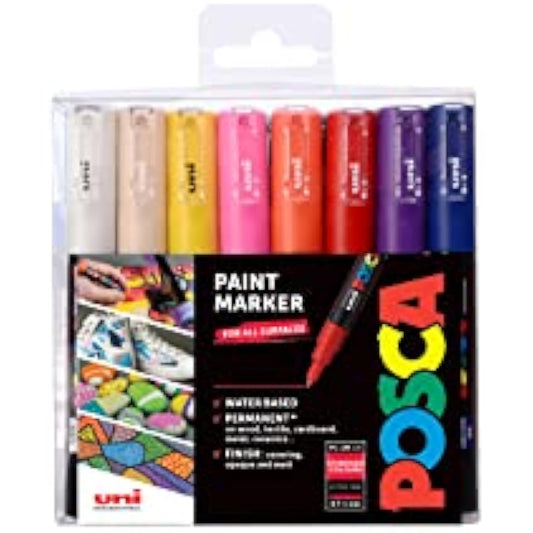 POSCA PC-1M Permanent Marker Paint Pens. Extra Fine Tip for Art & Crafts. Multi Surface Use On Wood Metal Paper Canvas Cardboard Glass Fabric Ceramic Rock Pebble Porcelain. Set of 16 Standard Colors