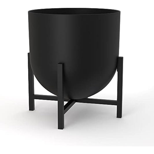Olly & Rose Plant Pot with Plant Stand - Metal Plant Pots Indoor Planter Large Flower Pot (Black, 22cm)