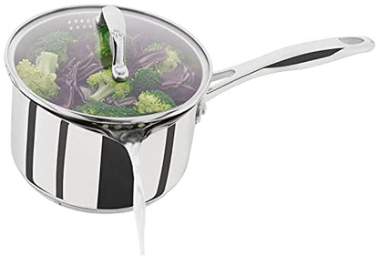 Stellar Profile Stainless Steel Draining Saucepan with Glass Lid 16cm 1.6L, Induction Ready, Oven Safe, Dishwasher Safe