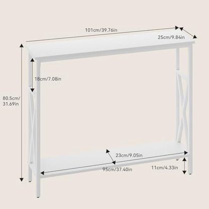 YMYNY Console Table, Industrial Entryway Table for Hallway, Narrow Sofa Table with Shelves, Metal Frame, Compact Display Table for Small Spaces, Living Room, 101×25×80.5CM White HST007W