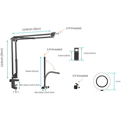 Overhead Phone Mount with Ring Light, Flexible Articulating Phone Arm Stand Compatible with iPhone, Logitech Webcam, Desk Tripod for YouTube Live Stream Cooking Nail Video Recording