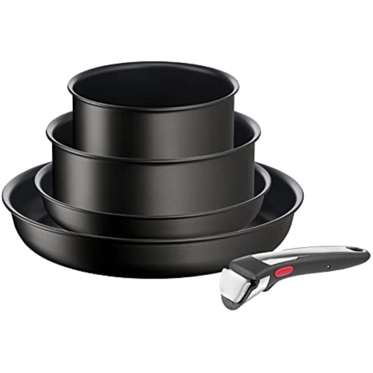 Tefal Ingenio Unlimited ON 5 Piece Non-Stick Induction Pan Set, 22&28 cm Frying Pans, 16&20 cm Saucepans, 1 Bakelite Removable Handle, Easy Cleaning, Heat Indicator, Black, L3959543