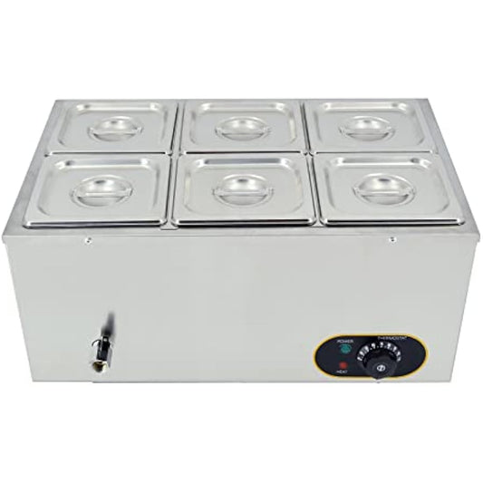 Commercial Food Warmer Stainless Steel Bain Marie Buffet Warmer 1500W, Temperature Range 30-85 °C, GN 1/6 Containers -150mm x6 Pans with Lids, Drain Tap