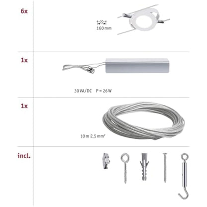 Paulmann 941.06 RoundMac LED Wire System Spot Lights - Tension Wire Lighting Set w/ 6 Round Lamps, 10m Cable Wire & Transformer - Indoor Lighting for Ceiling or Wall in White Matte max 24W 2700K