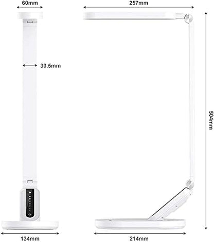 JKSWT LED Desk Lamp, Eye-Caring Table Lamps Natural Light Protects Eyes Dimmable Office Lamp with 5 Color Modes USB Charging Port Touch Control and Memory Function, 10W Reading Lamp,White