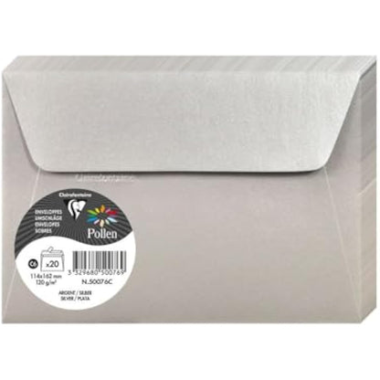 Clairefontaine - Ref 50076C - Pollen Iridescent Adhesive Envelopes (Pack of 20) - C6 (114 x 162mm) in Size, 120gsm Paper, Easy-to-Peel Adhesive Strip - Silver